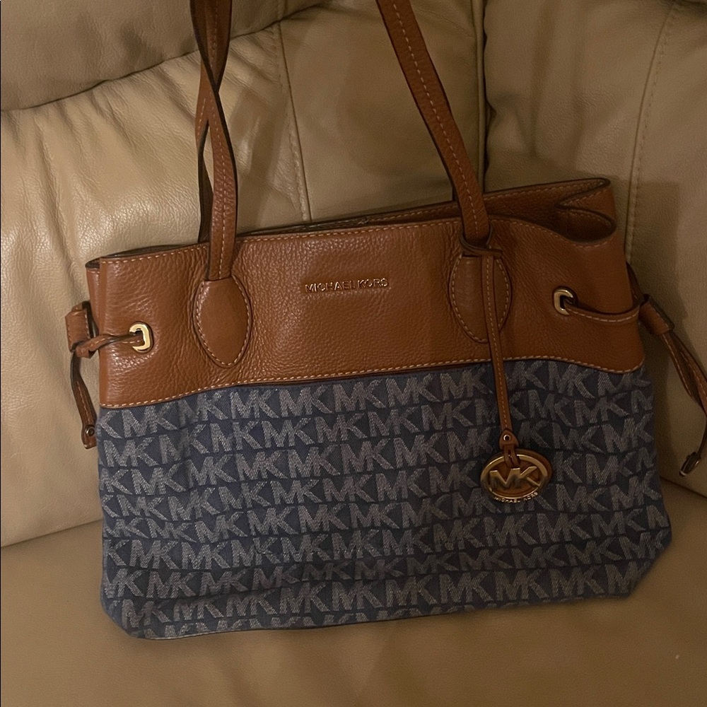 Michael Kors Signature Print Denim Shoulder Bag Tote with Leather trim Women